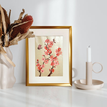 Original Plum Blossom & Butterfly Painting | Chinoiserie Floral Art on Champagne Gold Xuan Paper | Gouache Artwork | Lunar New Year | Gift
