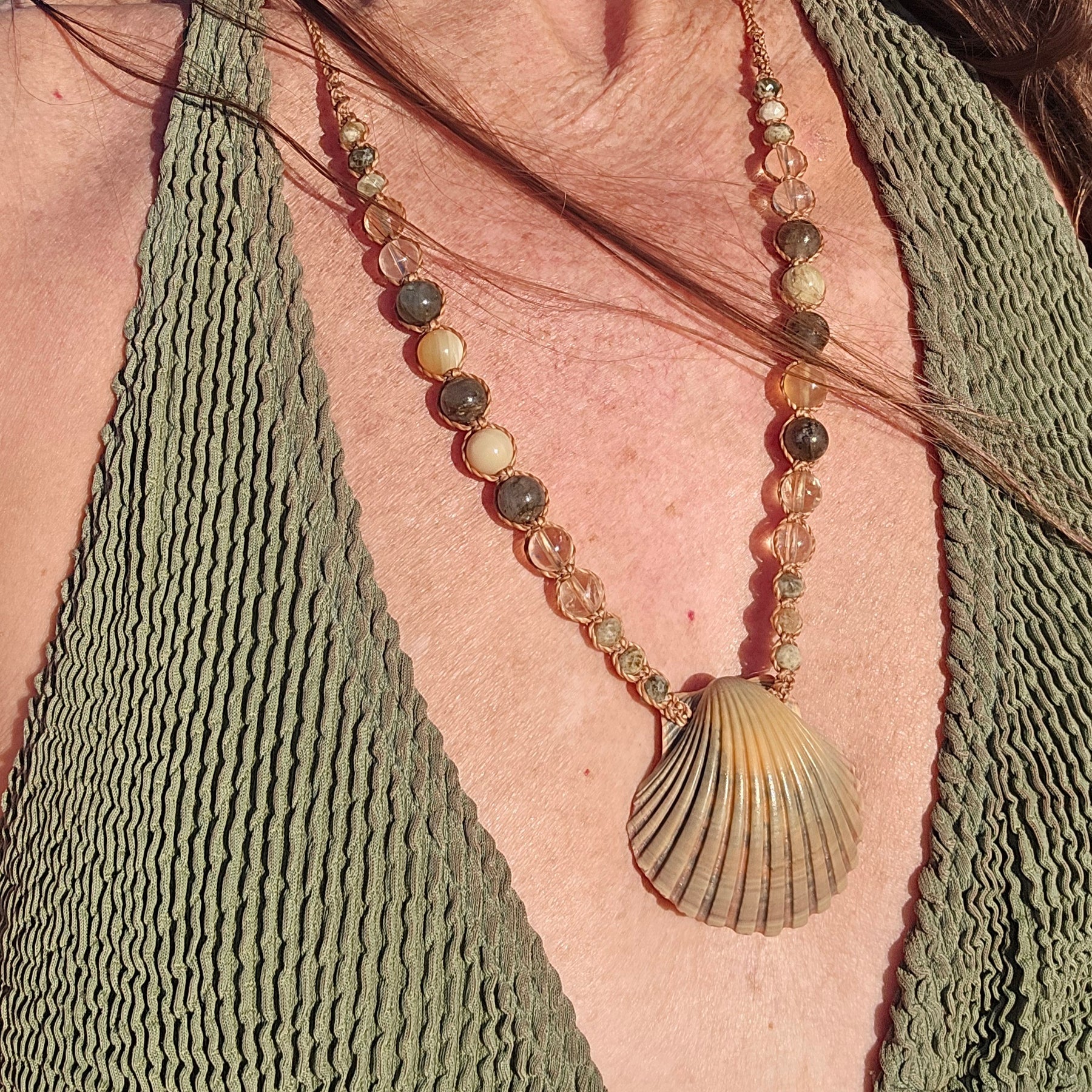 Scallop Shell Necklace with Labradorite and Yellow Opal