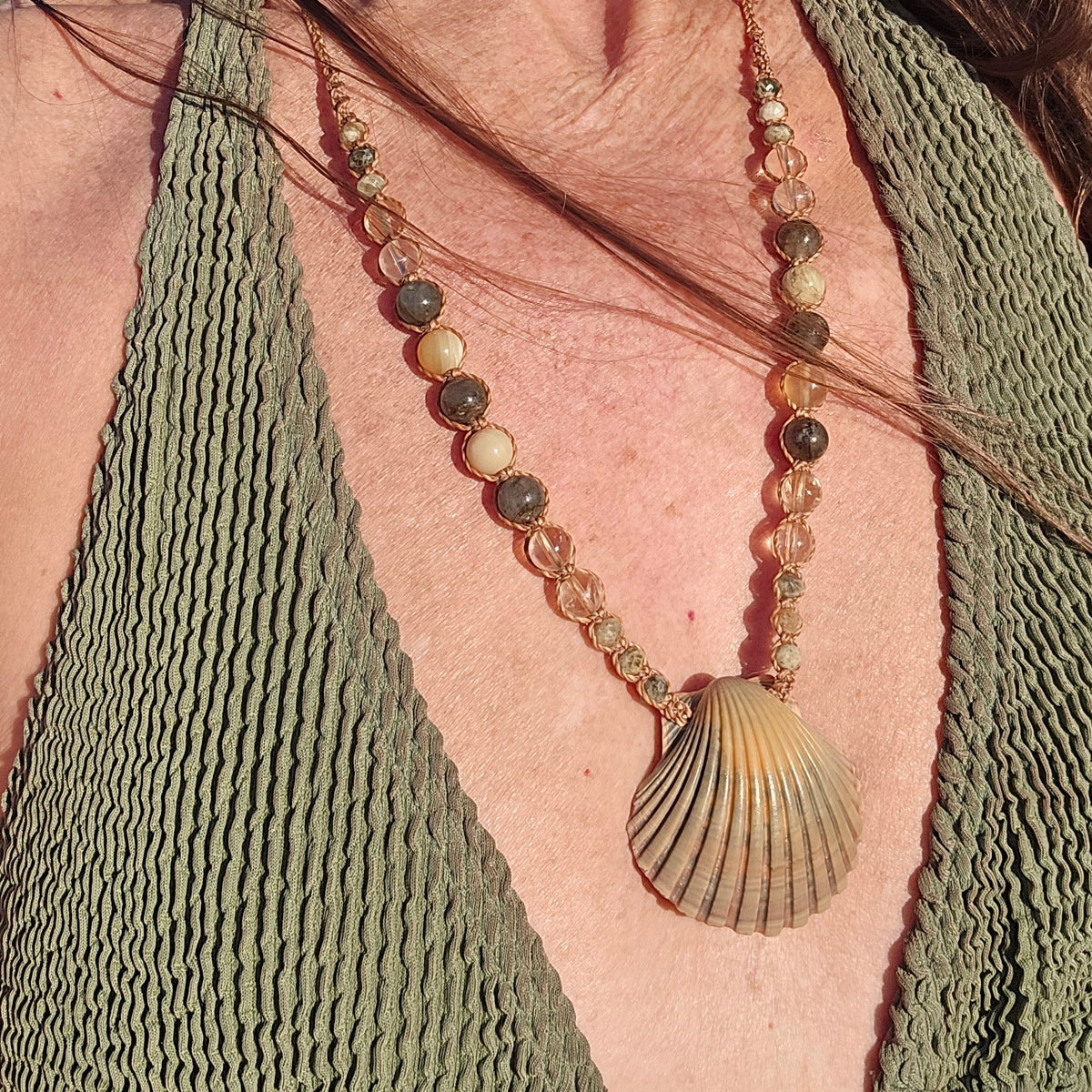 Scallop Shell Necklace with Labradorite and Yellow Opal