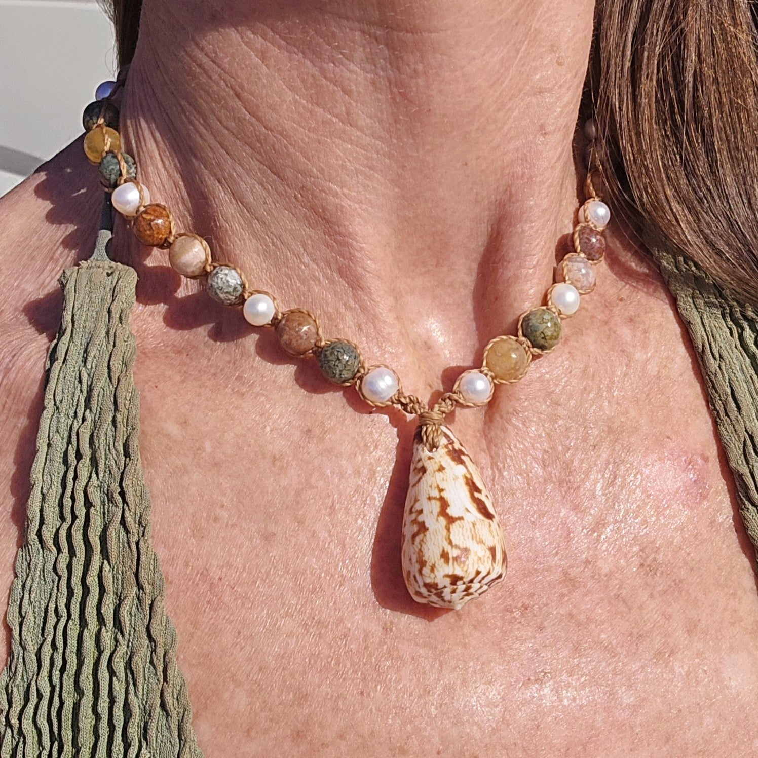 Cone Shell with Rare Ocean Agate & Pearl Necklace