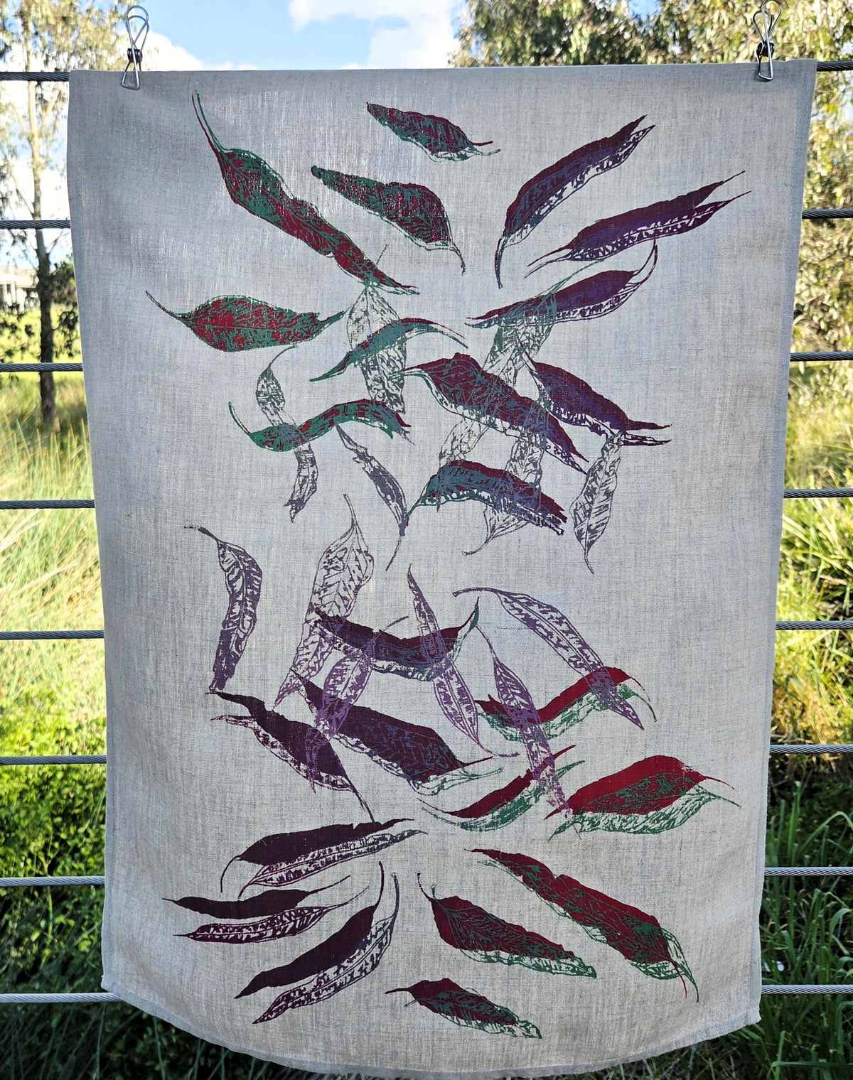 Hand Printed Linen Tea Towels-Eucalypt Fallen Leaves