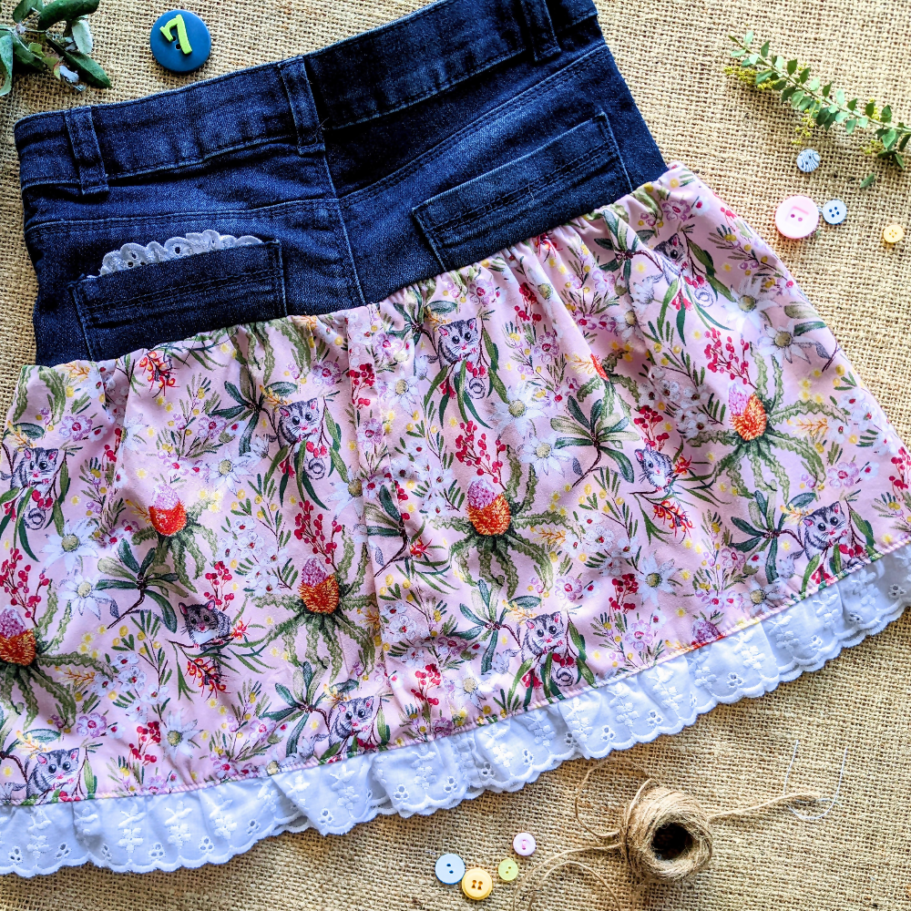 upcycled-denim-skirt-size-7-possums-pink-australian-flowers-handmade-sewing-artist-the-denim-patch