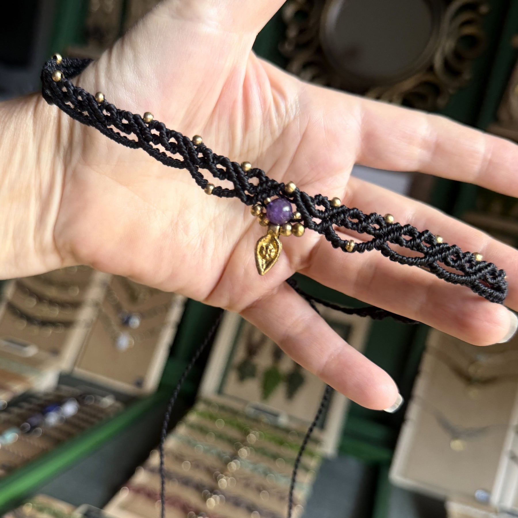 Micro Macrame Boho Choker with gemstone bead and brass charms
