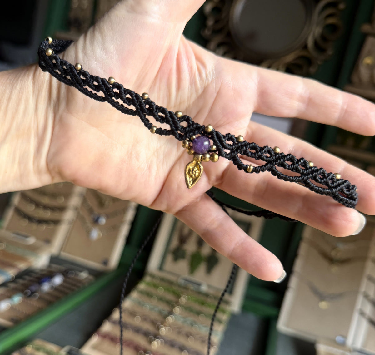 Micro Macrame Boho Choker with gemstone bead and brass charms