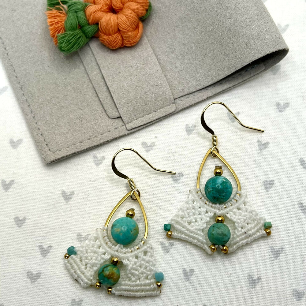 White lace & Turquoise Gemstone Micro Macrame Earrings +Free microfibre pouch