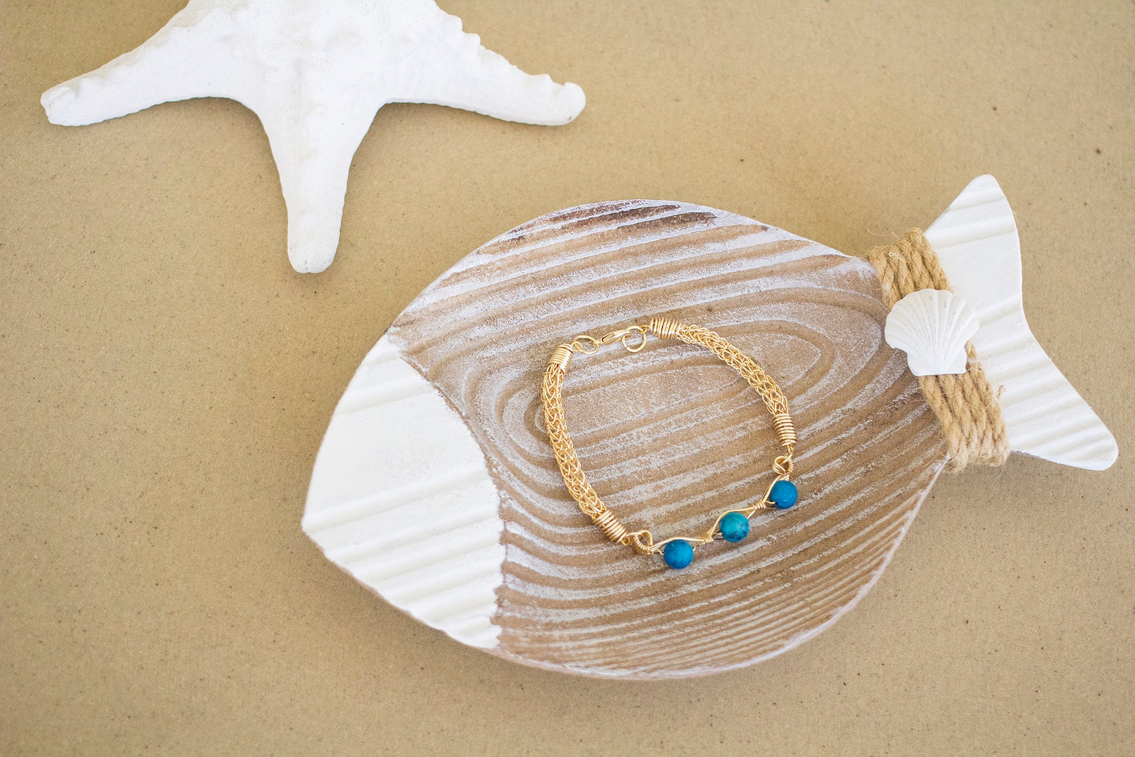 Gold Wire Knitted Bracelet With Blue Jasper Stone