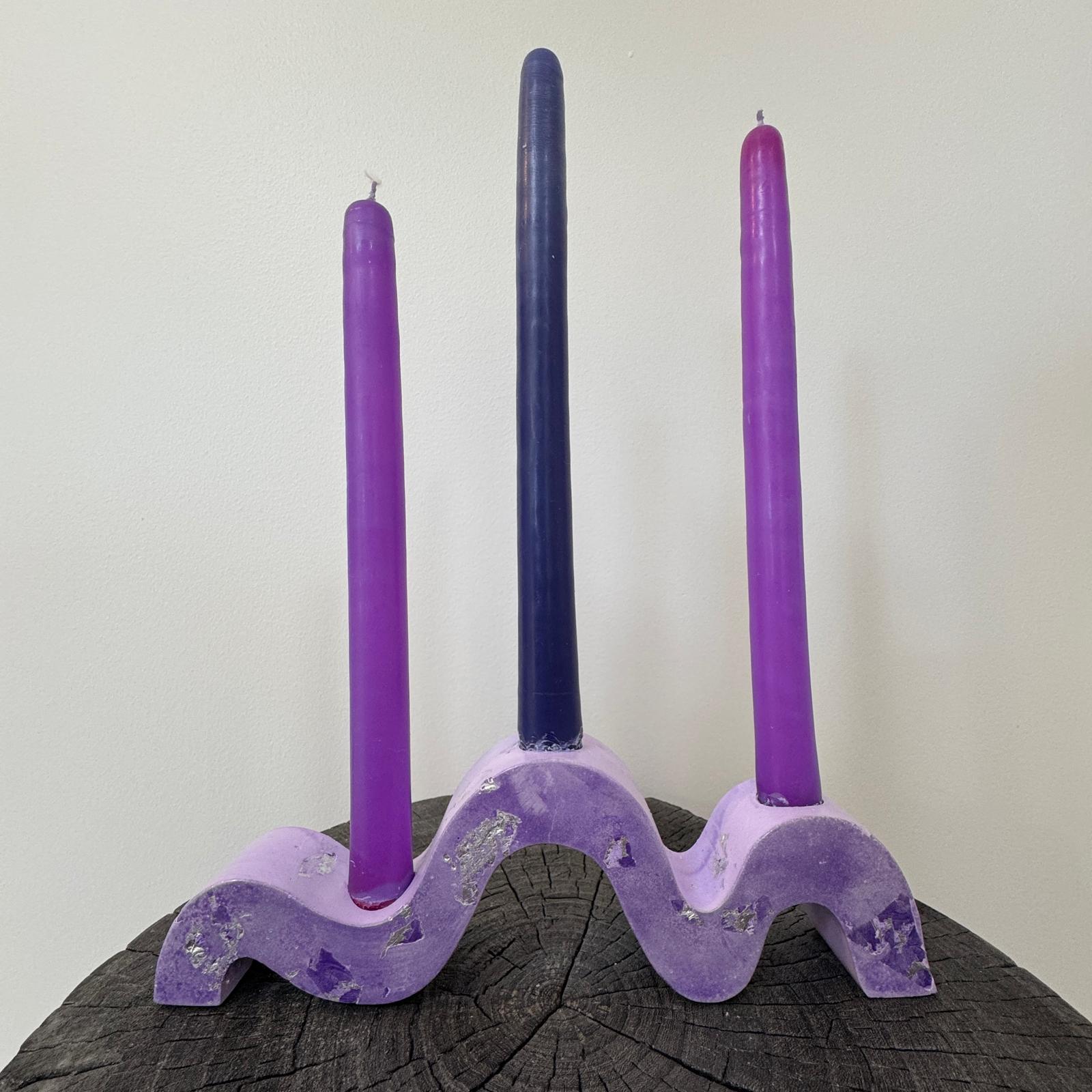 Lilac and silver wave concrete holder for 3 taper candles