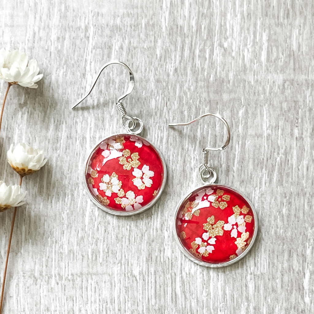 A Splash of Red Handmade Earrings • Floral Japanese Paper Glass Earrings