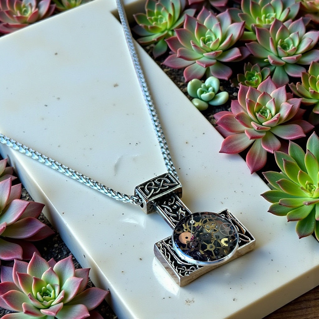 Steampunk watch parts hammer mens necklace