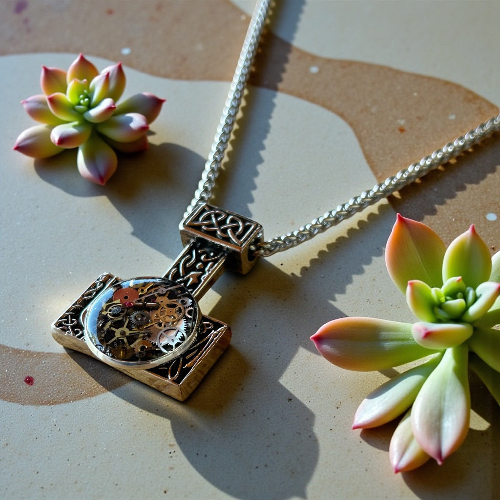 Steampunk watch parts hammer mens necklace