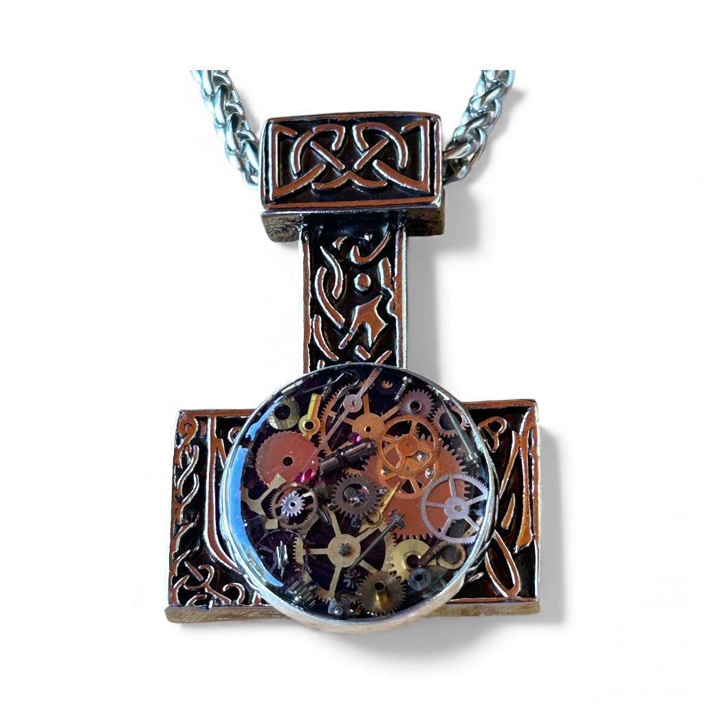 Steampunk watch parts hammer mens necklace