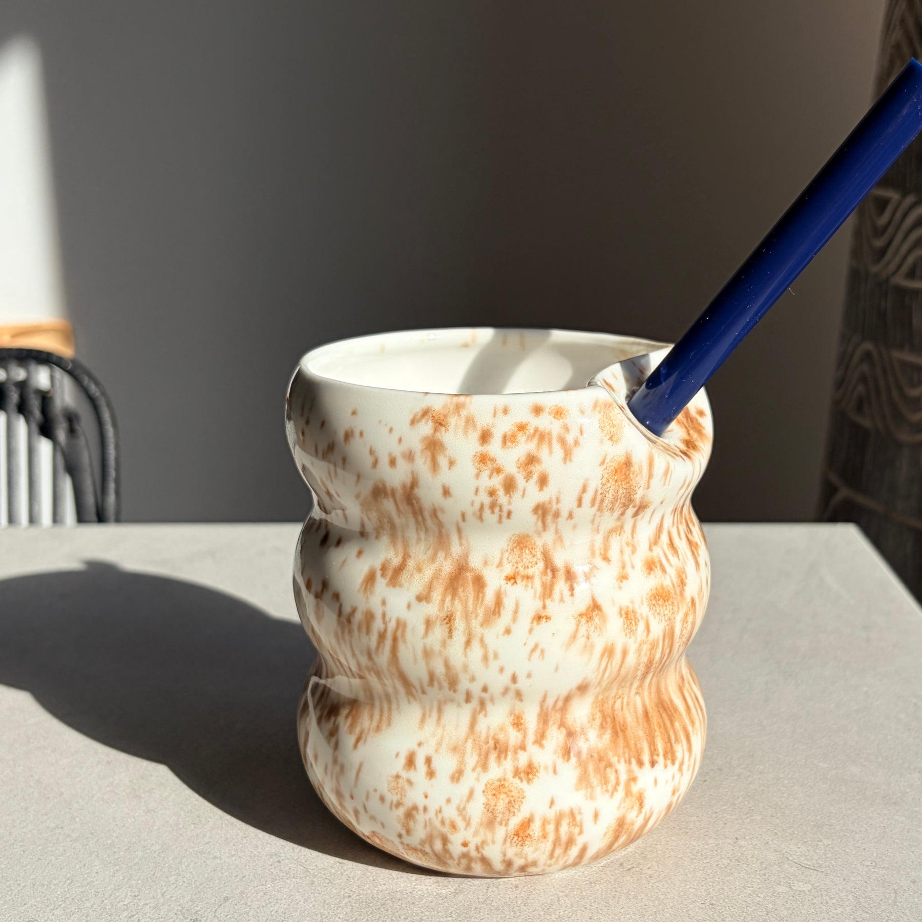 Handcrafted Porcelain Tumbler with Silicon Straw, 600mL Bubble Cup in Latte Glaze