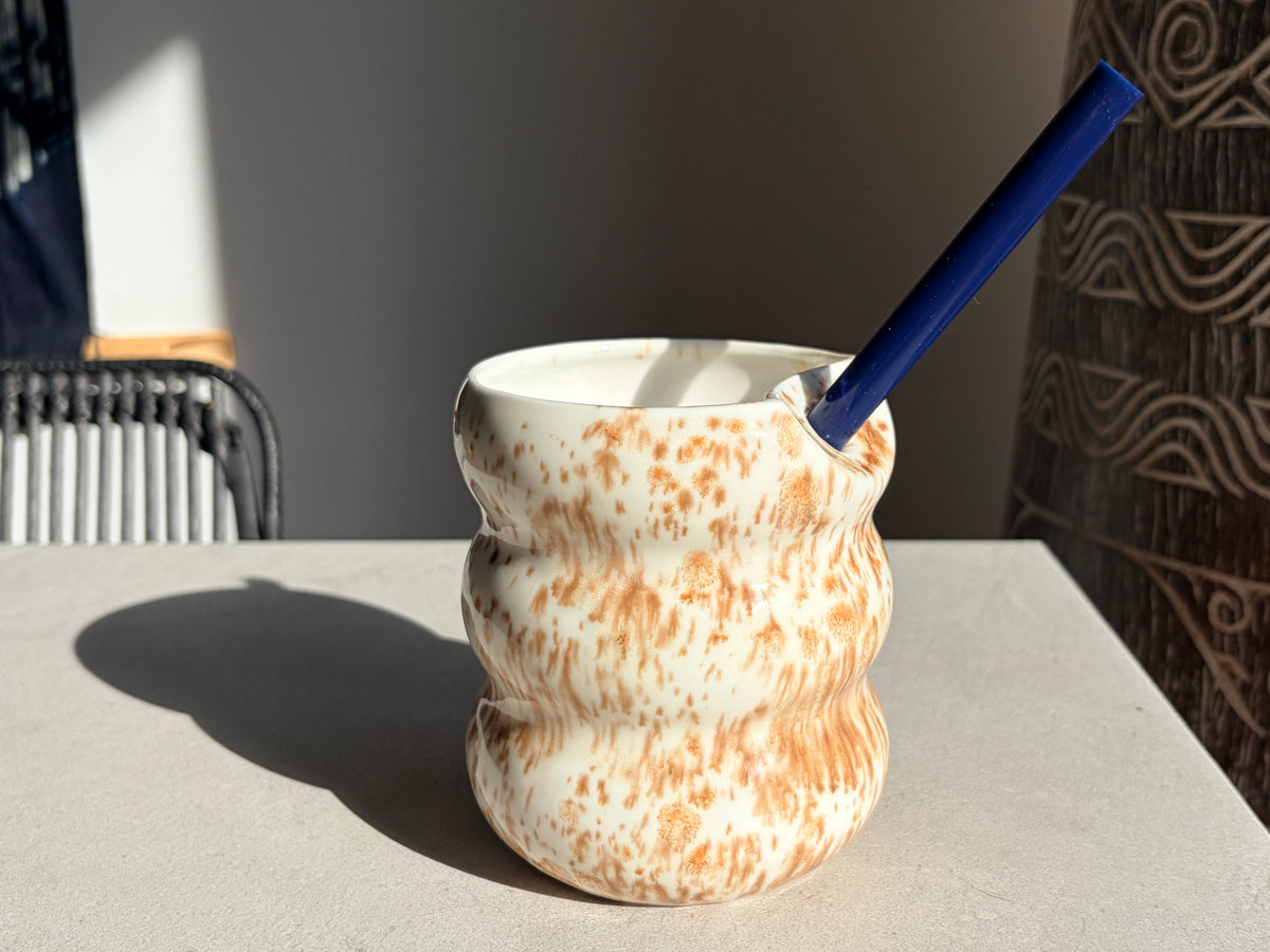 Handcrafted Porcelain Tumbler with Silicon Straw, 600mL Bubble Cup in Latte Glaze