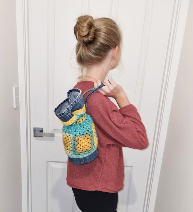 Granny Square Crochet Denim Dilly Bag in Beach Colours (Handbag, Lunch bag)