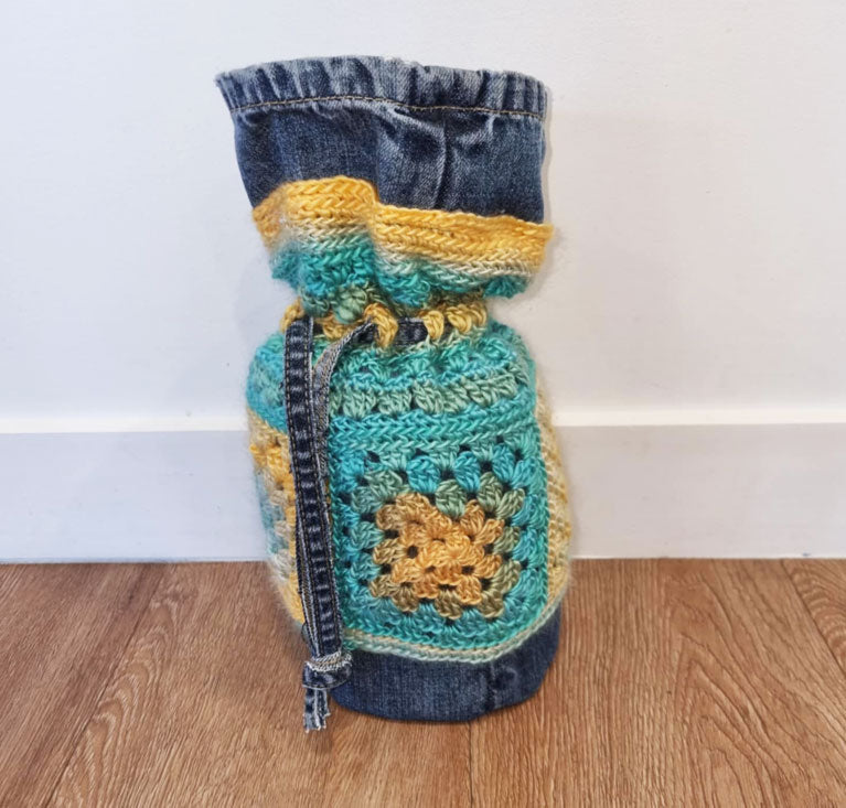 Granny Square Crochet Denim Dilly Bag in Beach Colours (Handbag, Lunch bag)