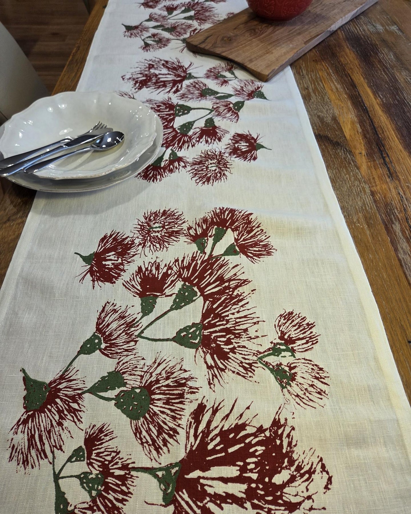 Hand Screen Printed Linen Table Runners-Eucalypt Festive Blossoms