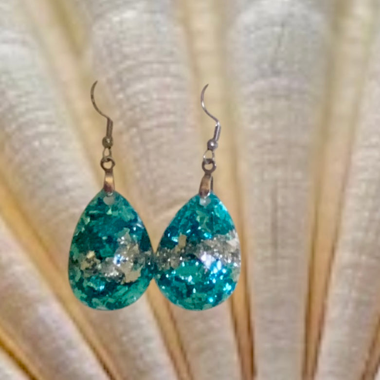 Aqua And Silver Teardrop dangle Earrings