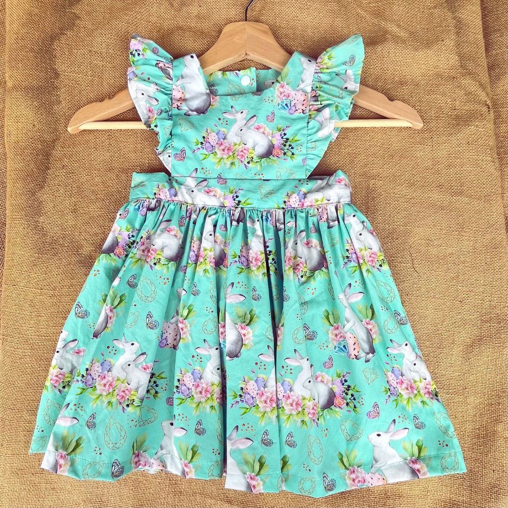 Handmade Pinafore Dress | Bunnies | Green | Sizes 1 and 3