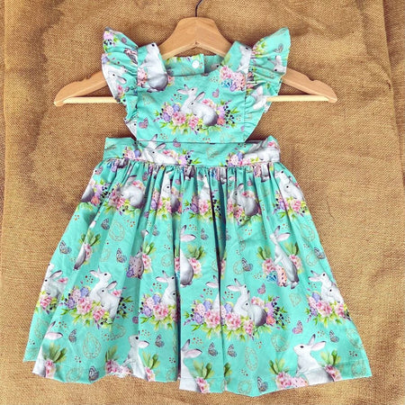 Handmade Pinafore Dress | Bunnies | Green | Sizes 1 and 3