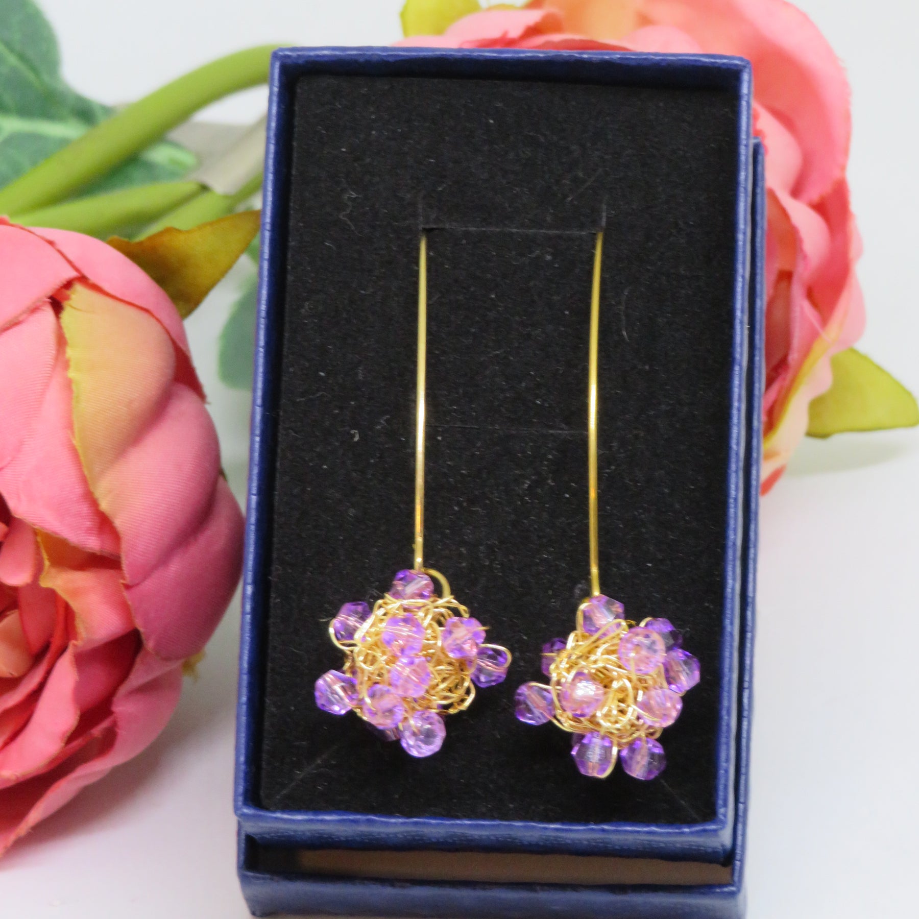Lilac Beaded Crochet Wire Ball Earrings