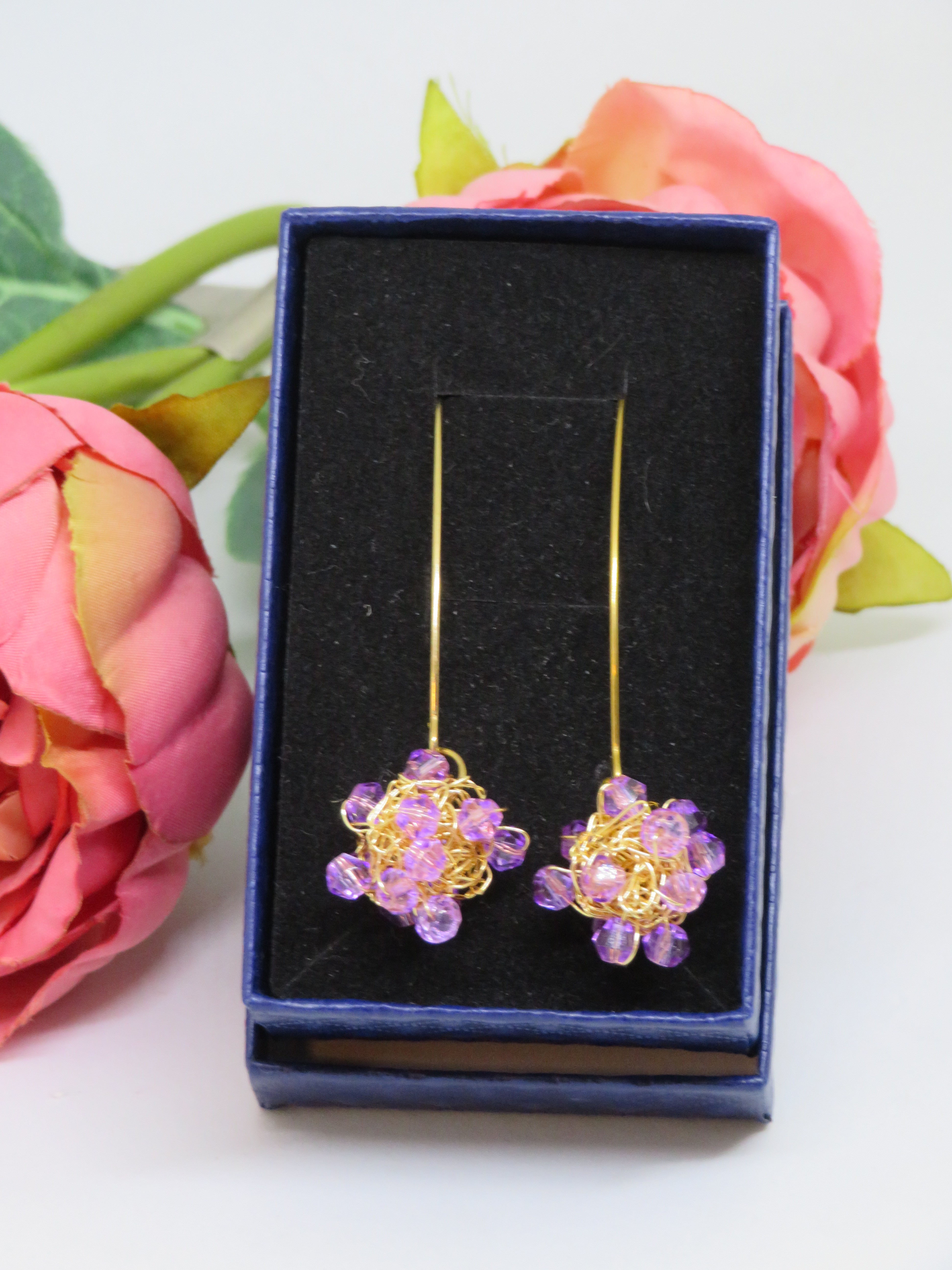 Lilac Beaded Crochet Wire Ball Earrings
