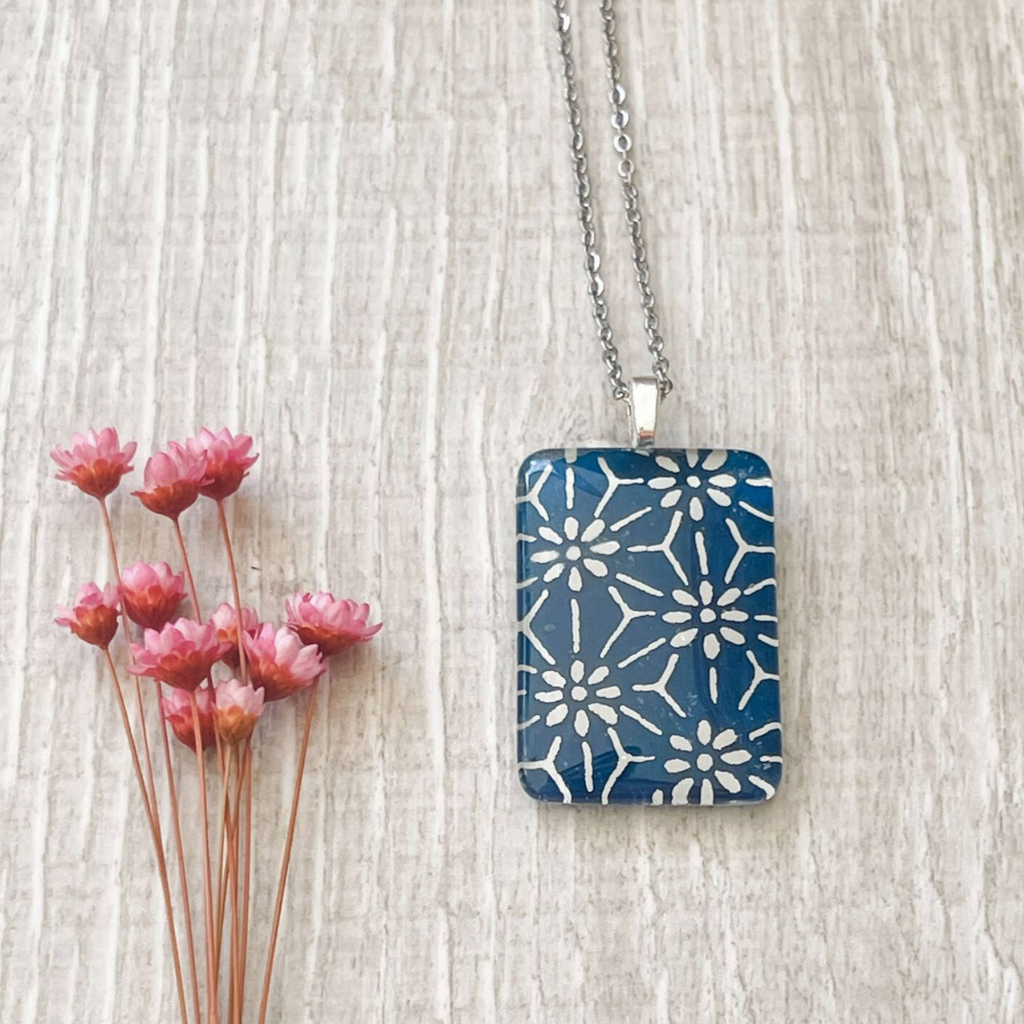 Blue and White Pendant Necklace • Handmade with Japanese Paper