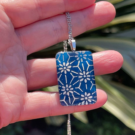 Blue and White Pendant Necklace • Handmade with Japanese Paper