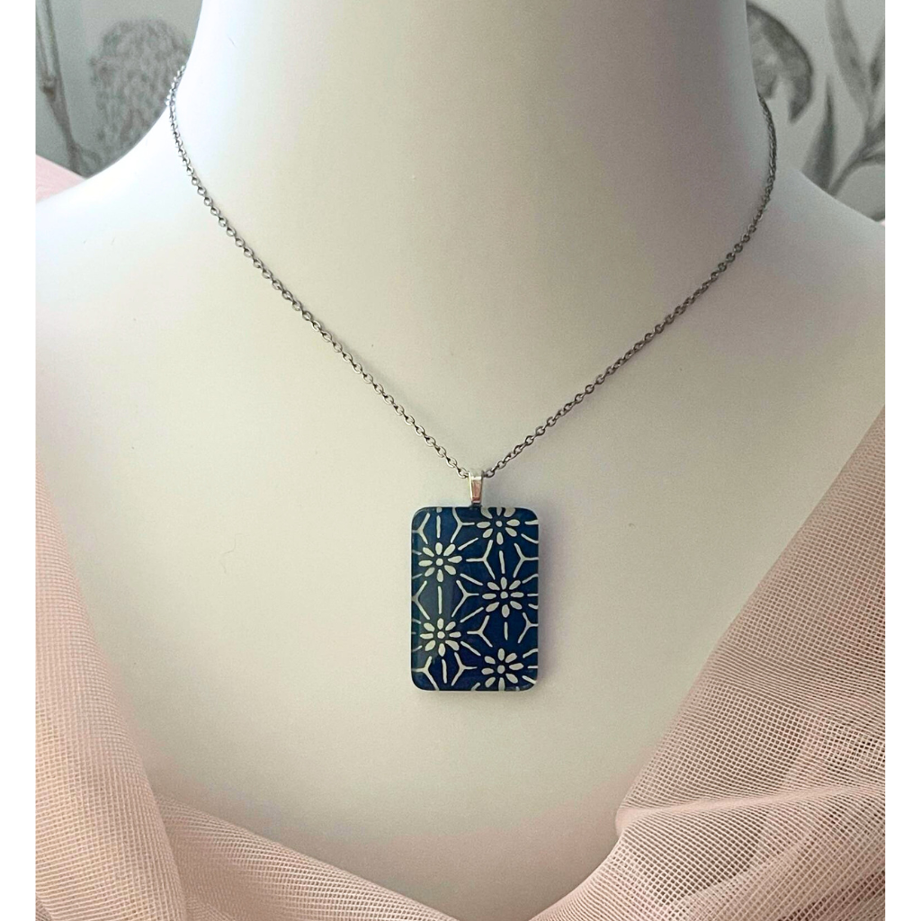 Blue and White Pendant Necklace • Handmade with Japanese Paper