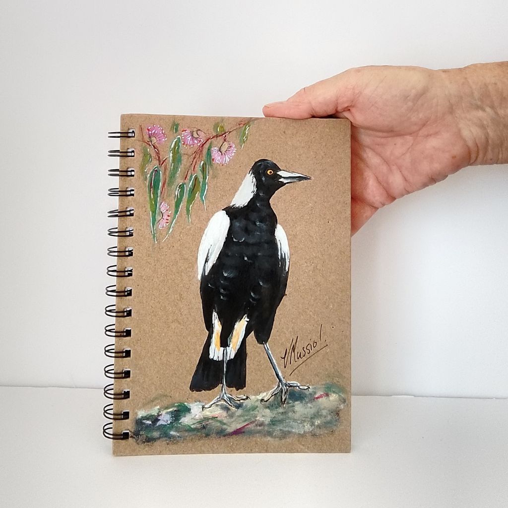 Magpie Handpainted Notebook with gum leaves