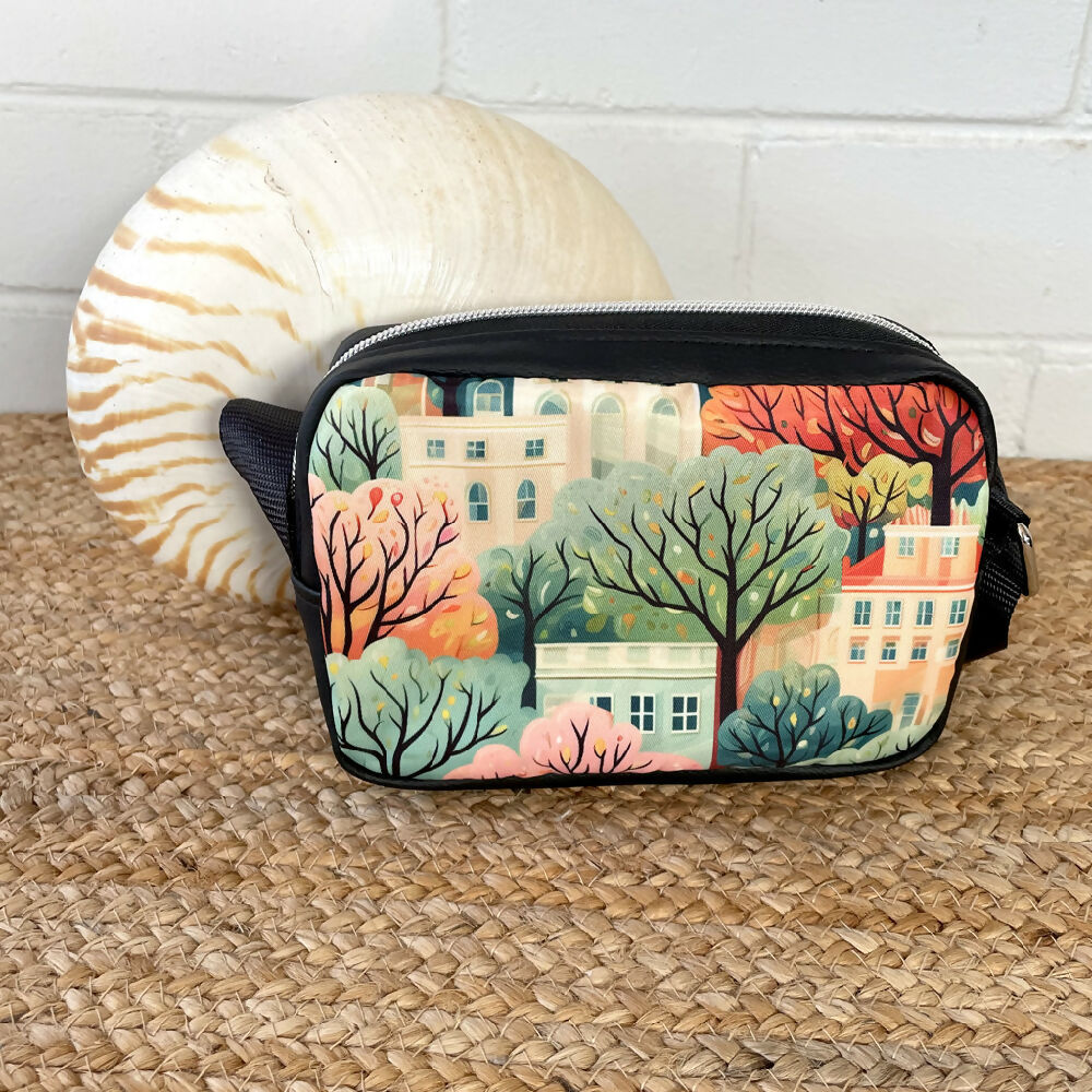 Australian-artist-handmade-bag-black-autumn-houses-trees-crossbody-01