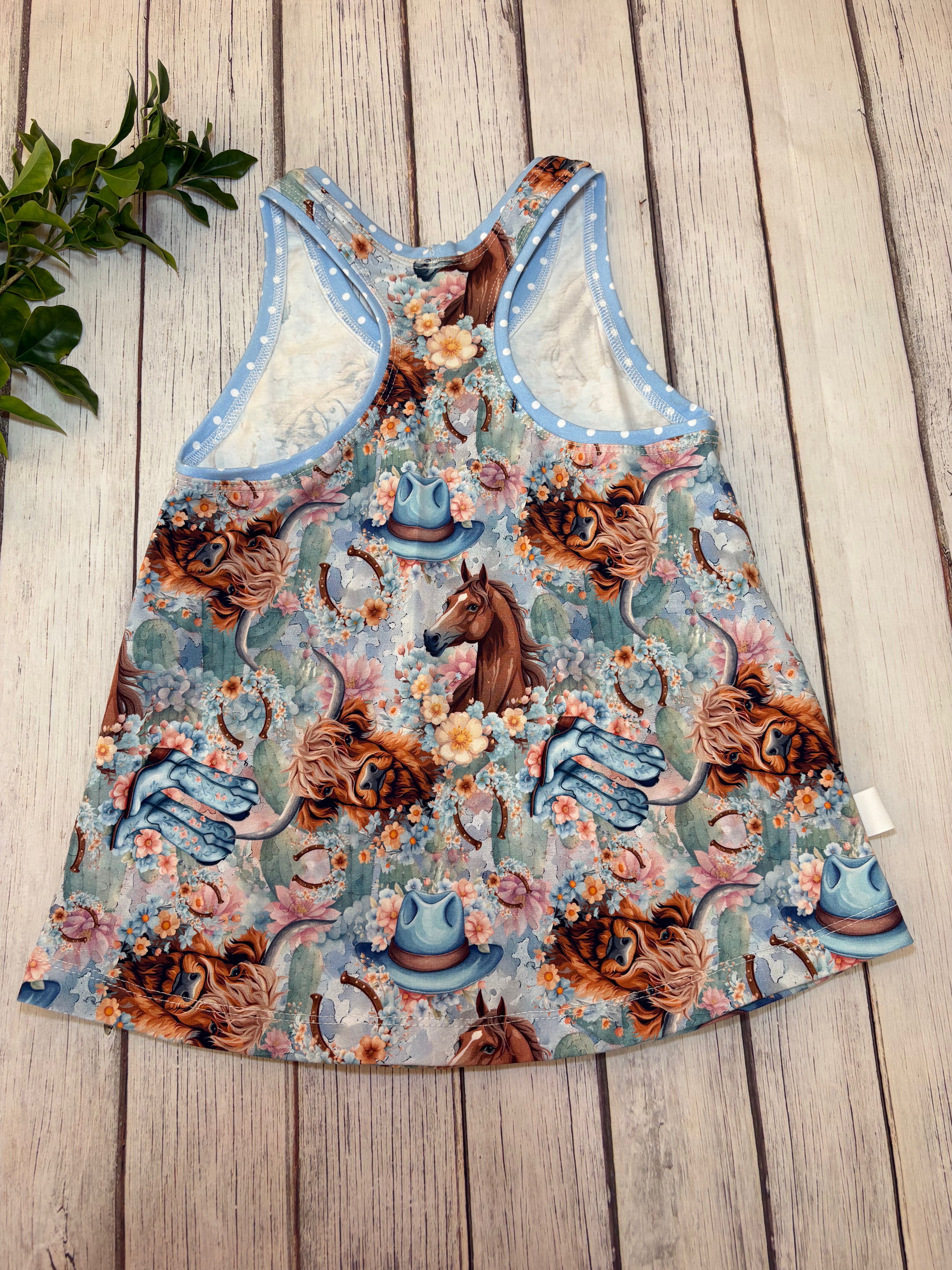 Kid's Horse & Highland Cow Racerback Top- Size 7