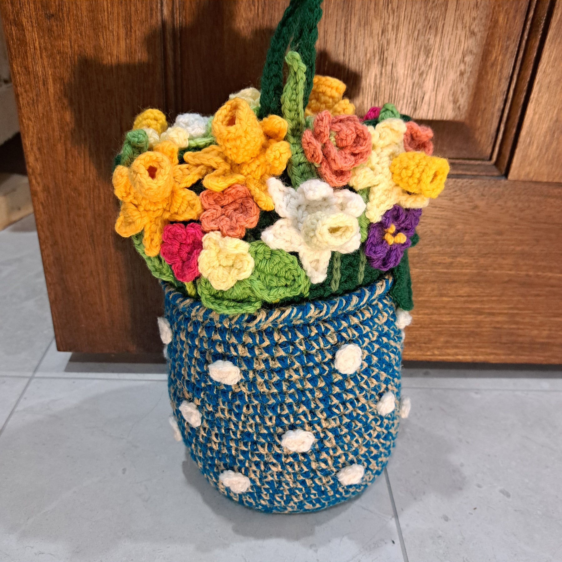 Handmade Crochet flower vase doorstop, rustic jute, cotton, wool spring flowers blue vase