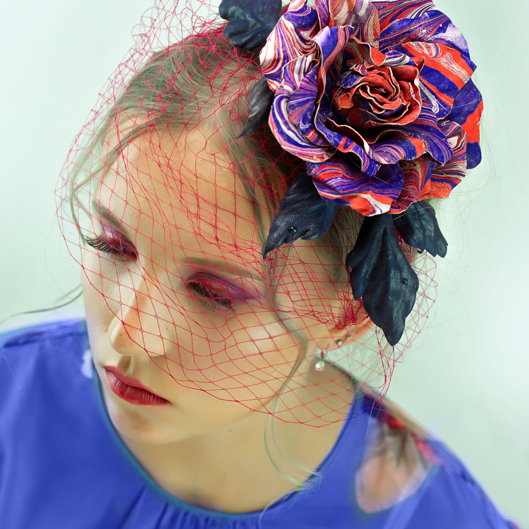 Leather Rose “Marble Flame” , Flower Brooch, Hair Hat clip
