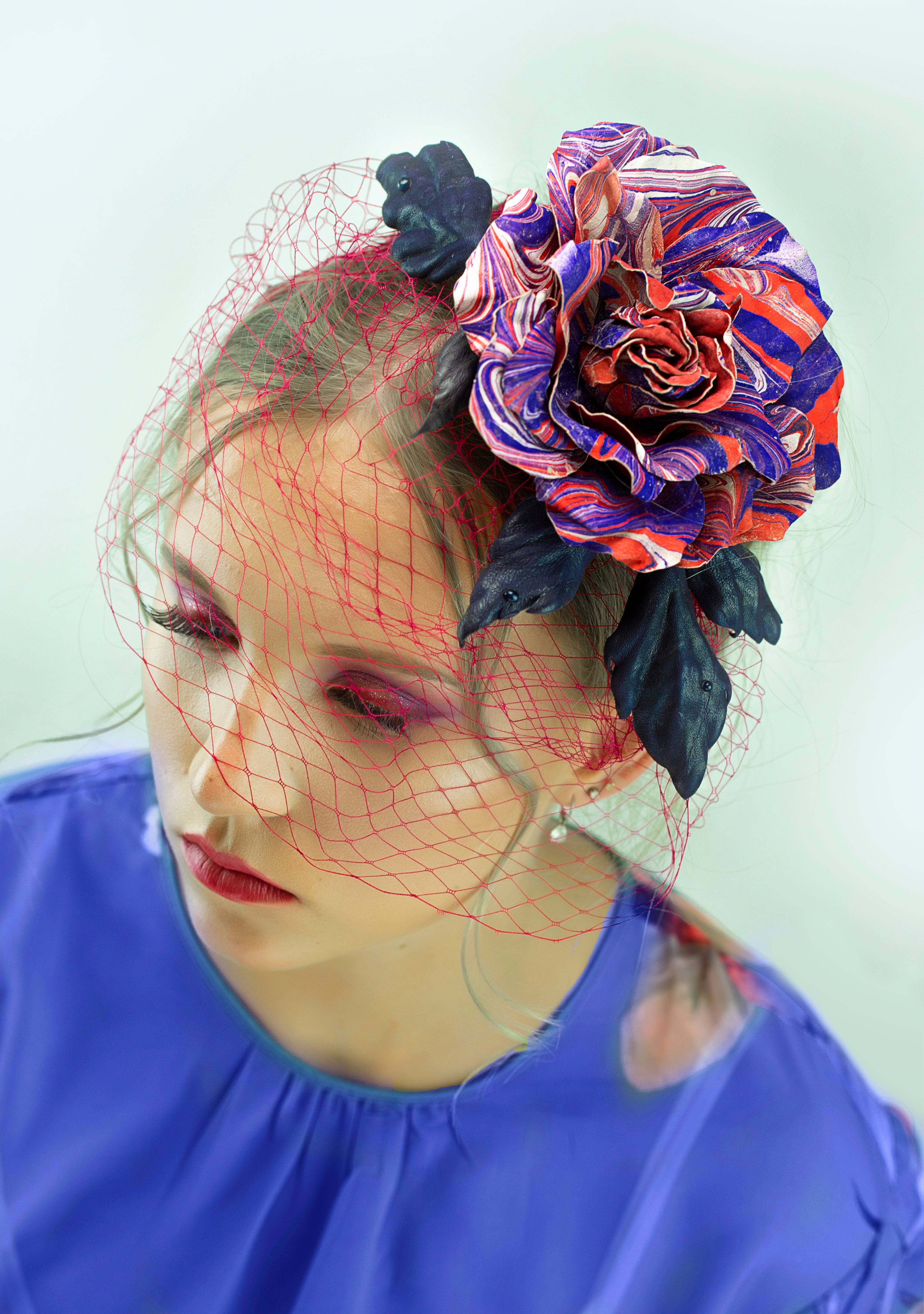 Leather Rose “Marble Flame” , Flower Brooch, Hair Hat clip