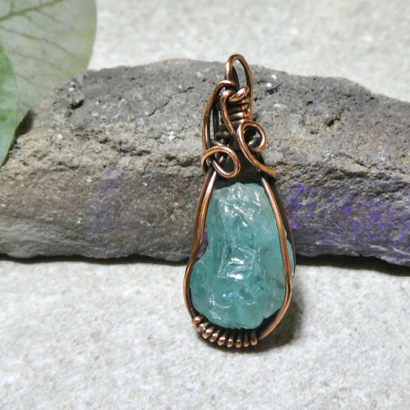 Green Apatite crystal pendant copper wire wrapped