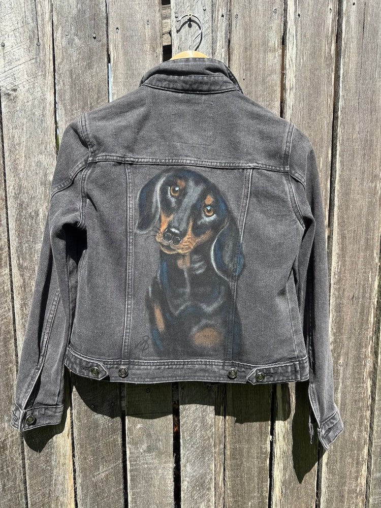 Dachshund Hand-painted Denim Recycled Jacket (W8)