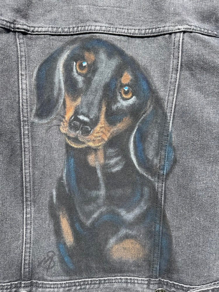 Dachshund Hand-painted Denim Recycled Jacket (W8)