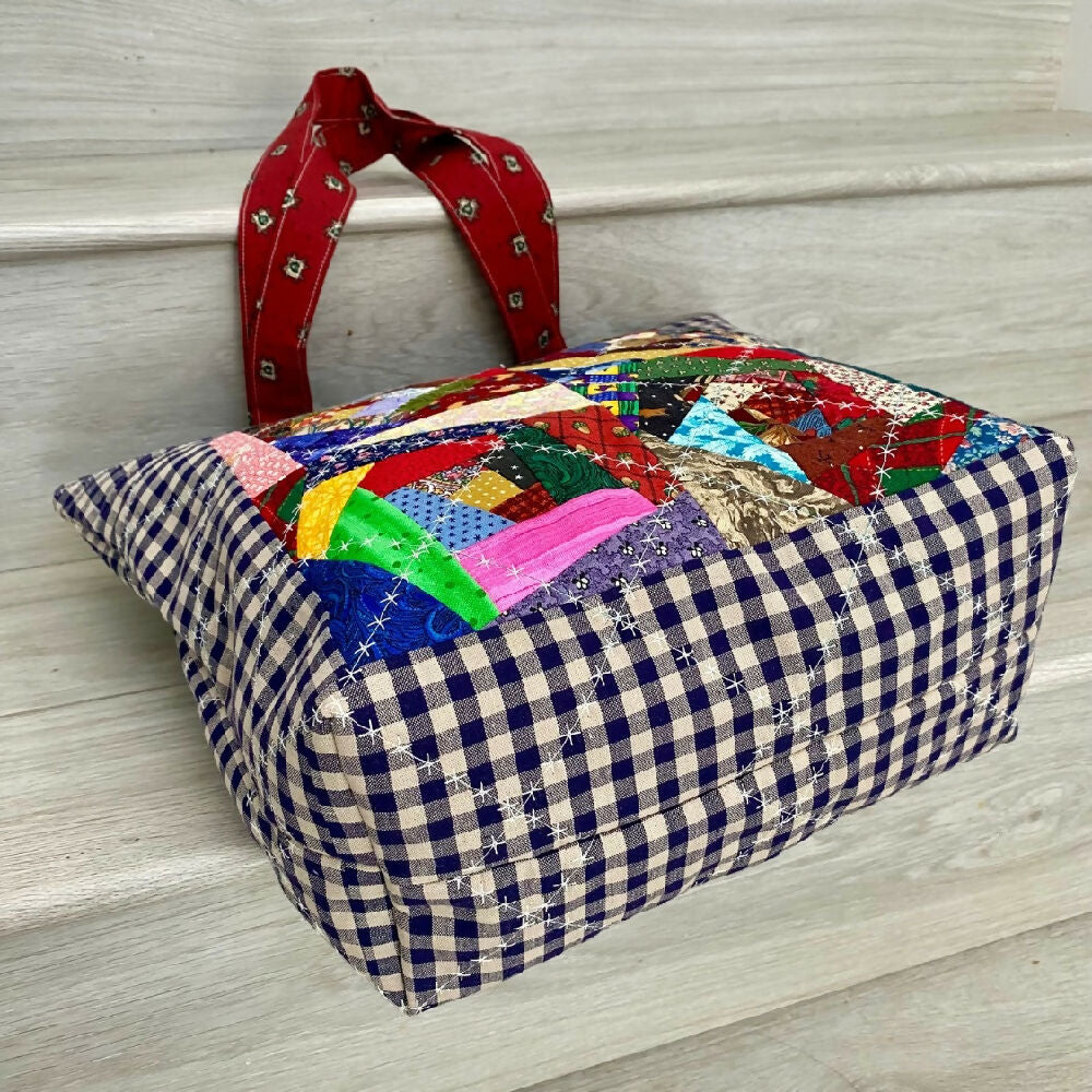 Quilted crazy patchwork tote with check border