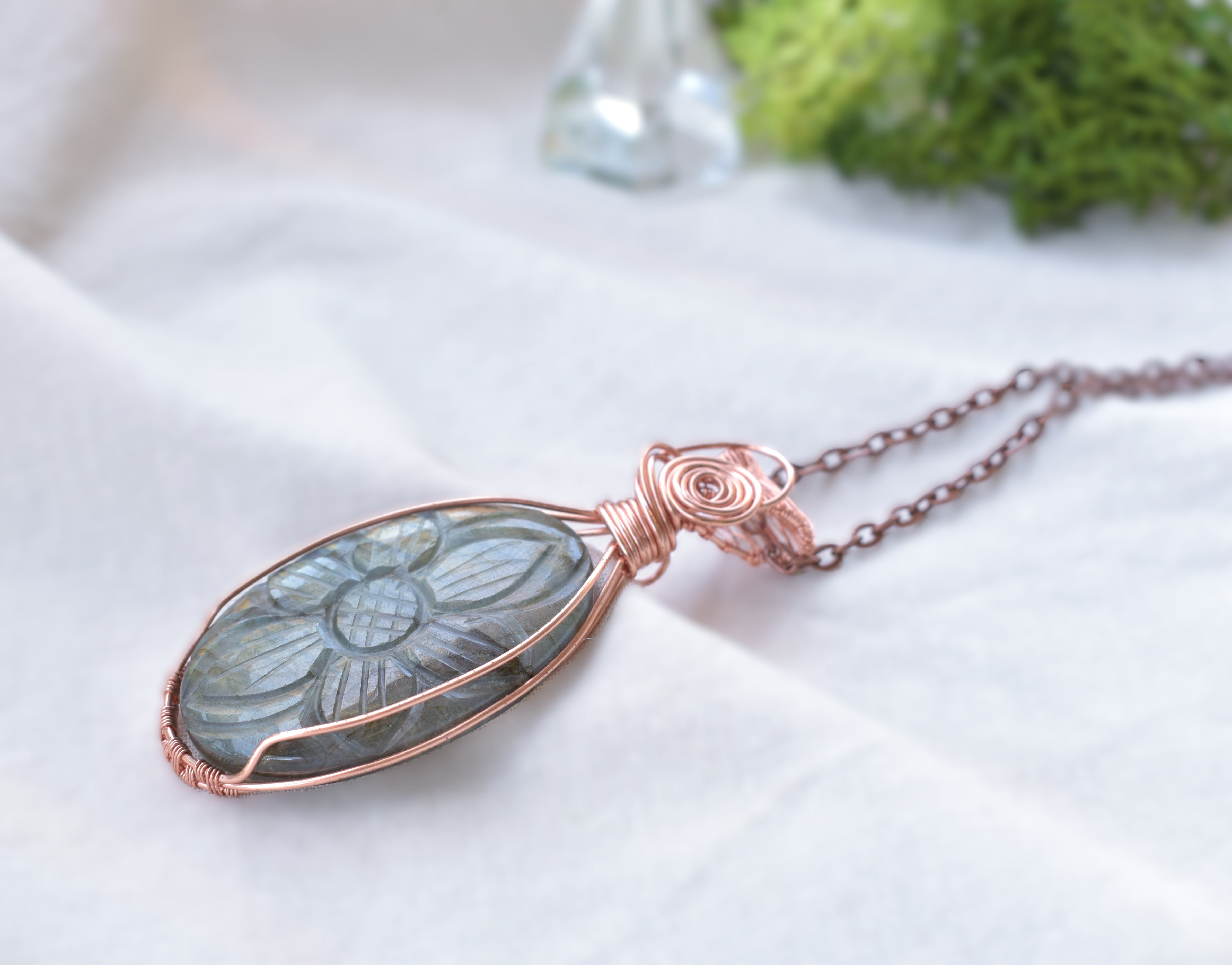 Ancient Bloom – Handcrafted Carved Labradorite Pendant
