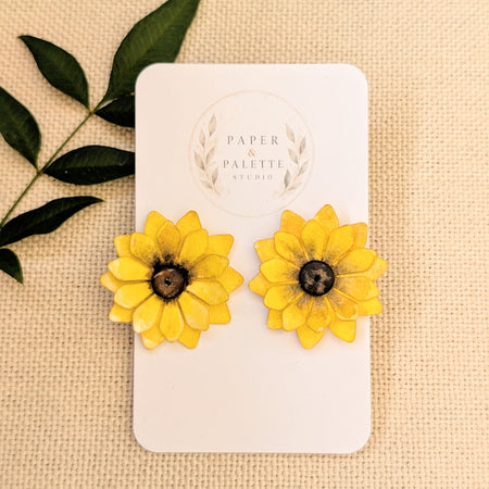 Sunflower Statement Stud Earrings | Hand-Painted Watercolour Paper Floral Earrings