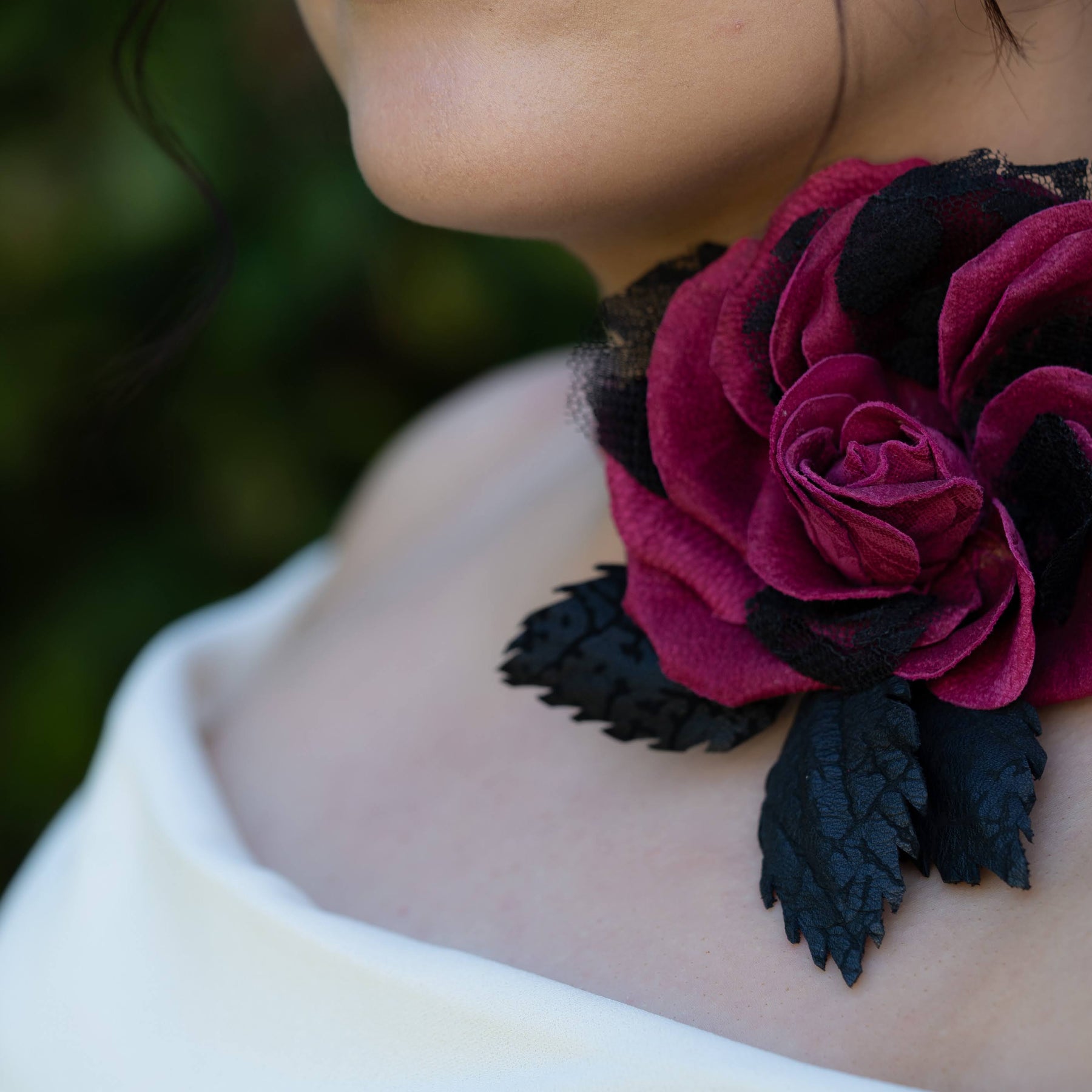 LEATHER CRIMSON ROSE “Dark Romance” pin brooch hair hat clip . Leather anniversary wedding gift. Millinery