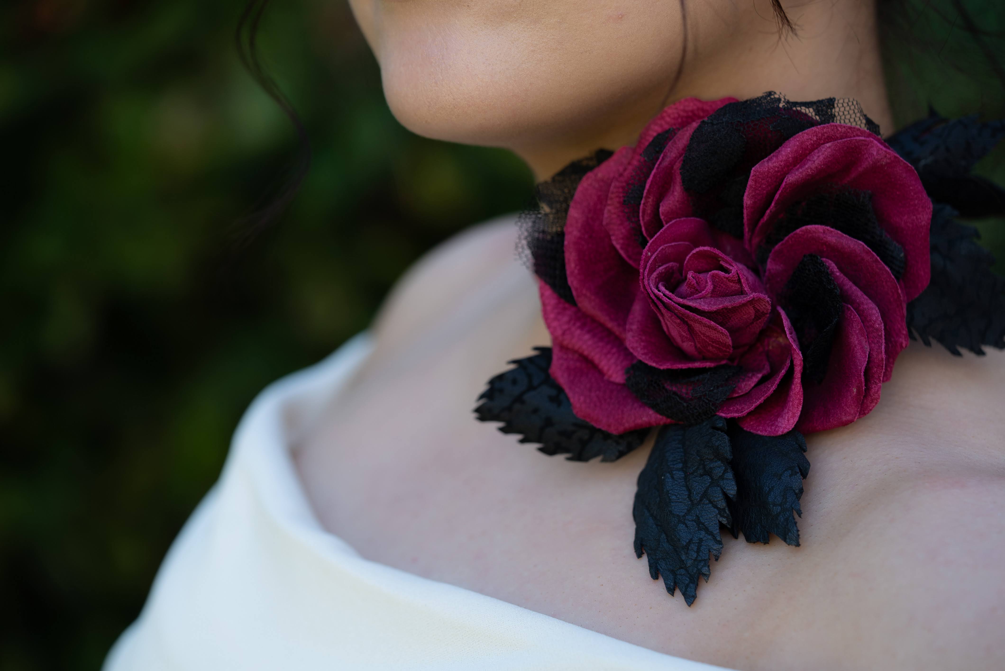 LEATHER CRIMSON ROSE “Dark Romance” pin brooch hair hat clip . Leather anniversary wedding gift. Millinery