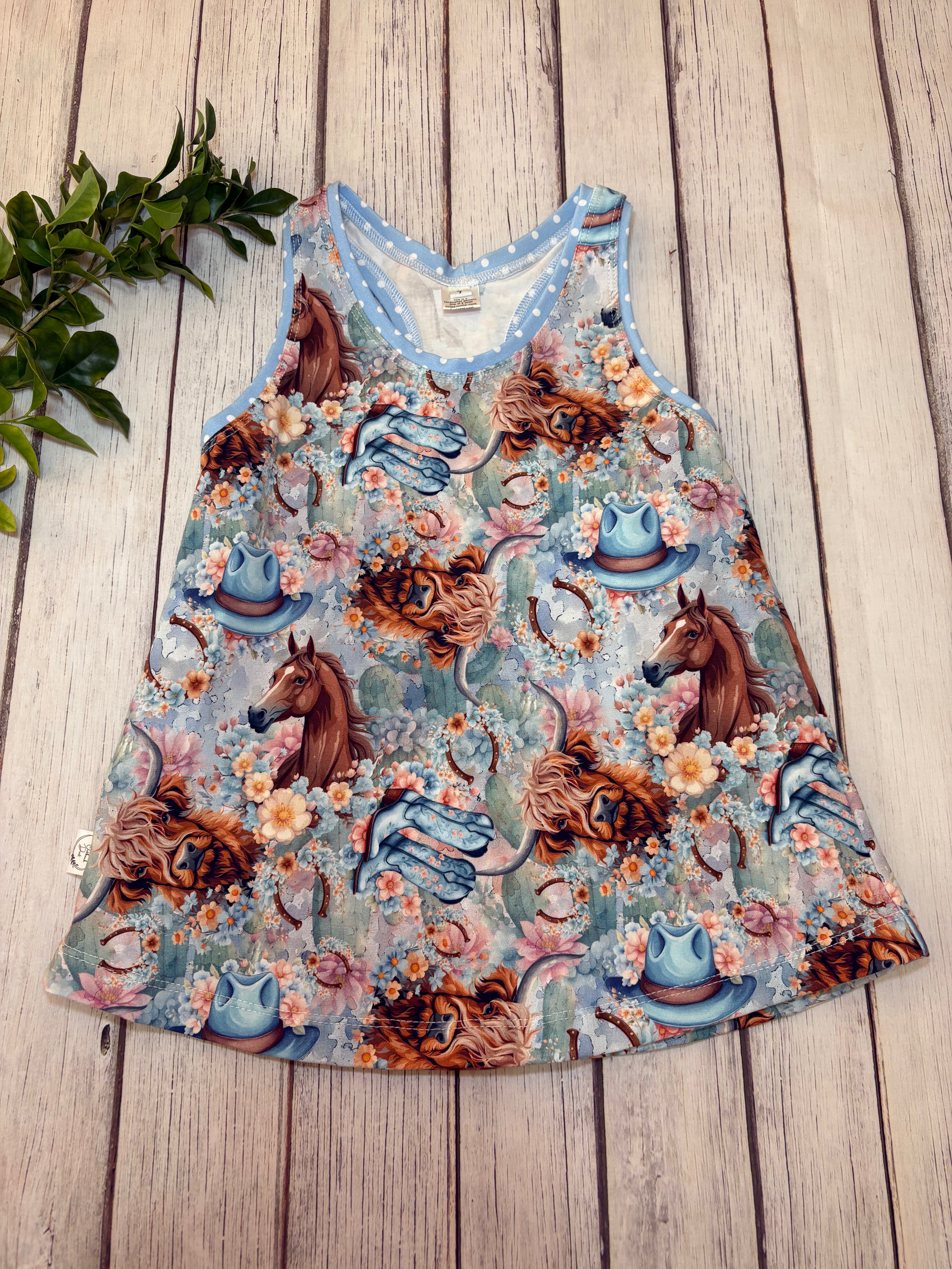 Kid's Horse & Highland Cow Racerback Top- Size 7
