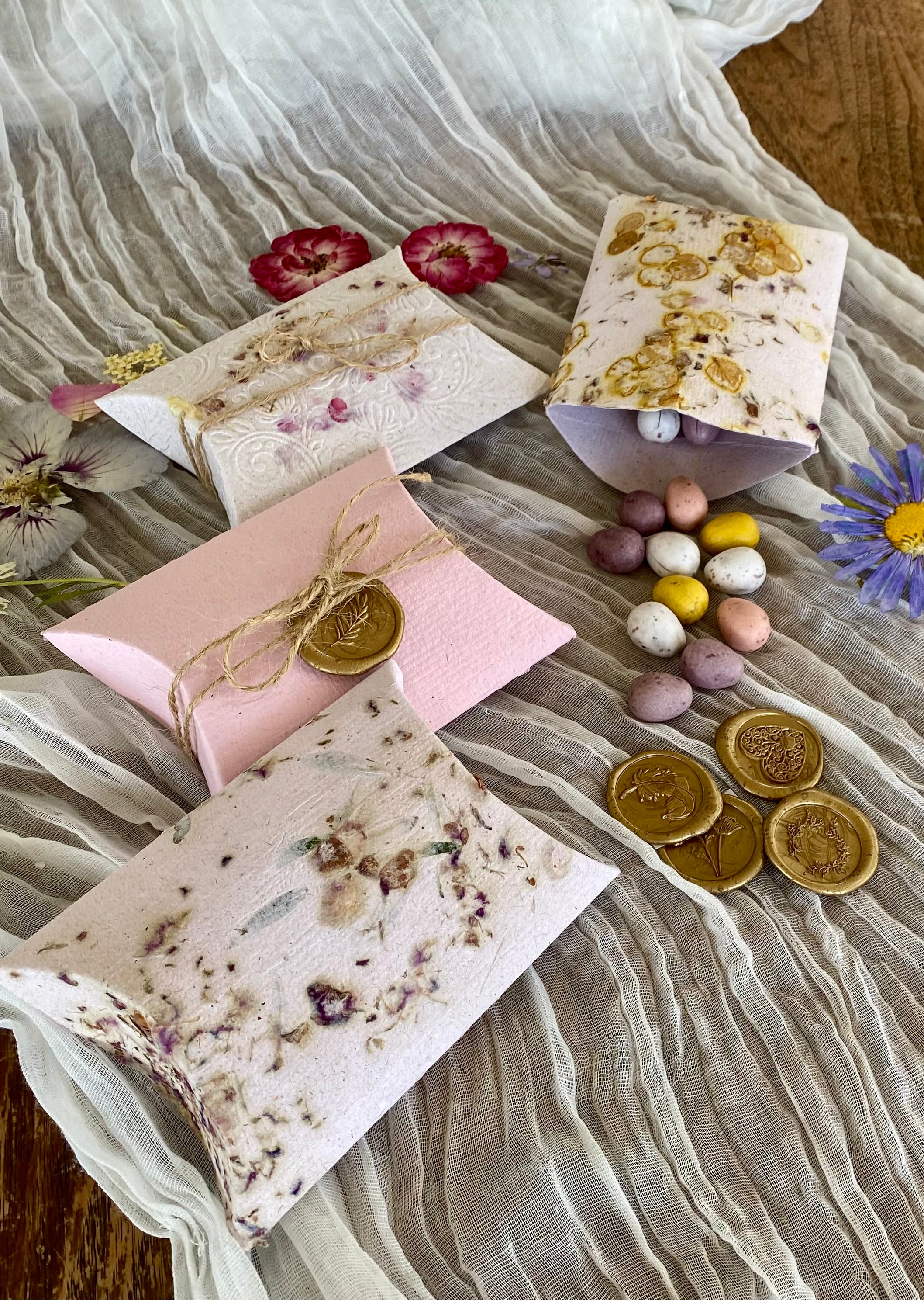 Handmade Paper (Bundle of 4 with Wax Seal) Pillow Boxes - Perfect for Easter Eggs and gifts.
