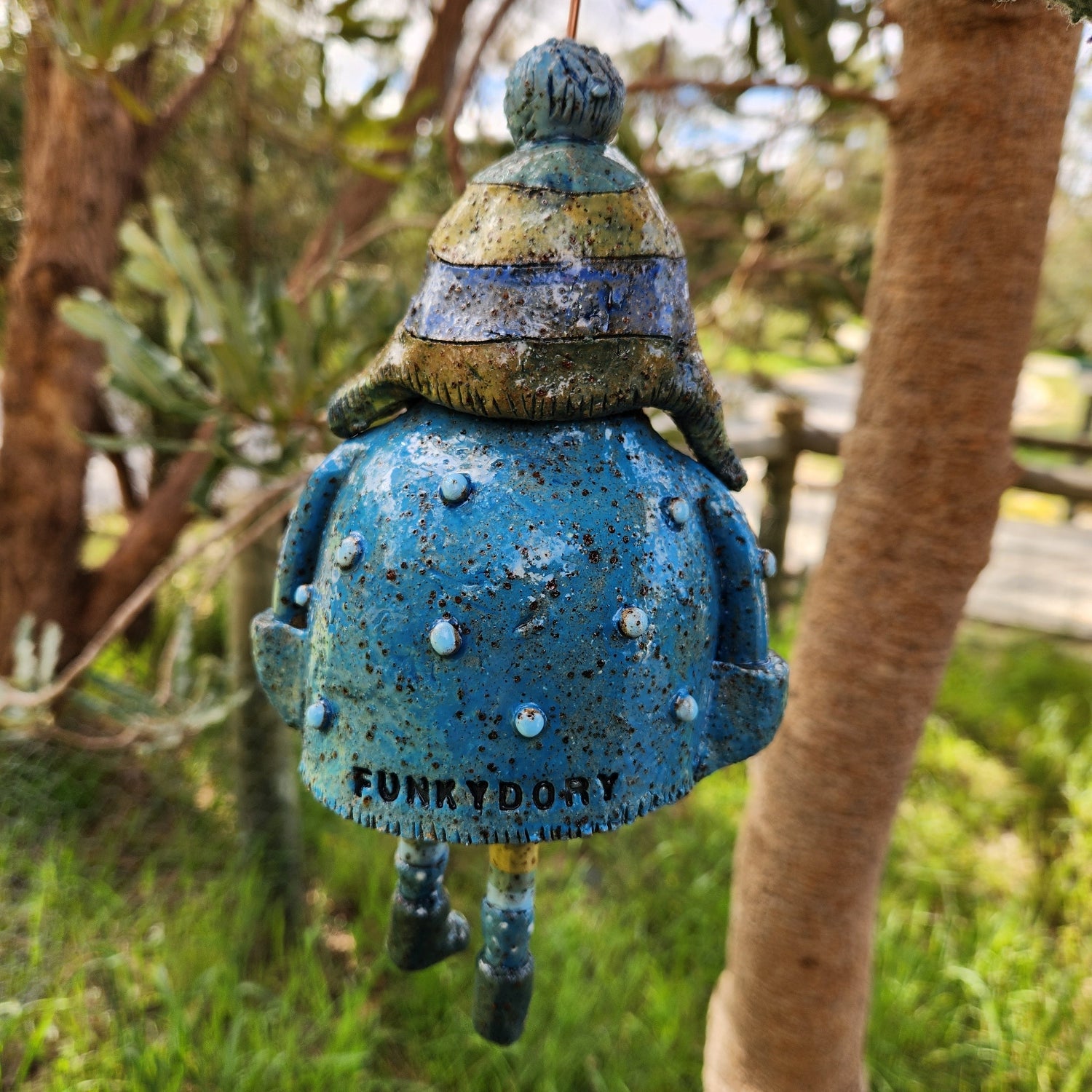 Clay windchime, little girl, blue
