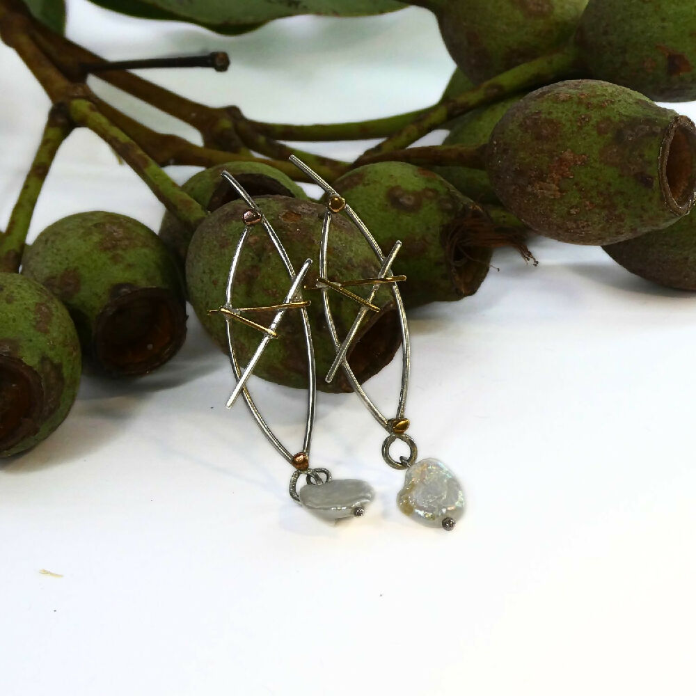 Sterling silver, brass and keshi pearl showcase 3 M001