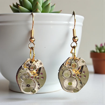 Steampunk watch movement earrings (gold posts)