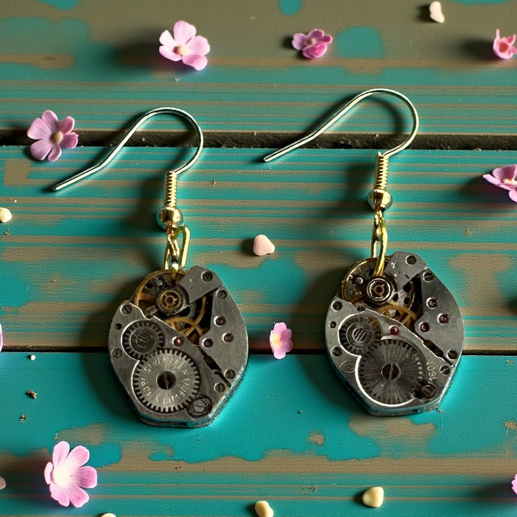 Steampunk watch movement earrings (gold posts)