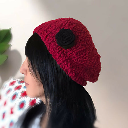 Fluffy Cranberry Hand knit Beanie Hat with a crochet flower-red hat with black flower