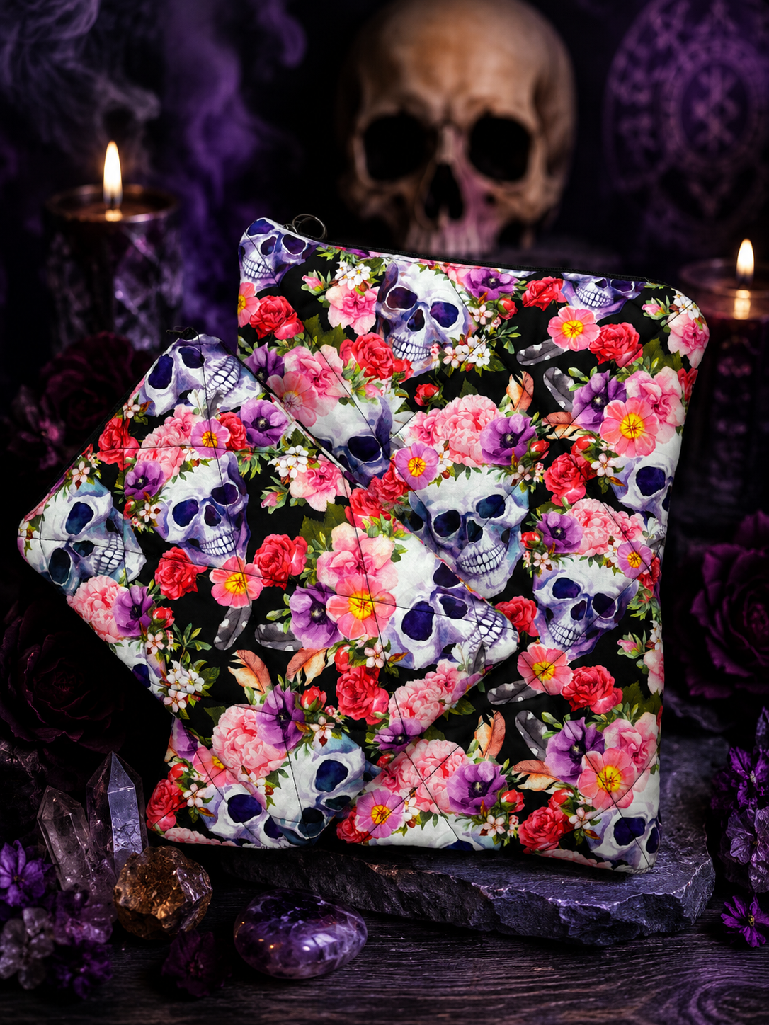 Padded Goth Floral Zipper Bag